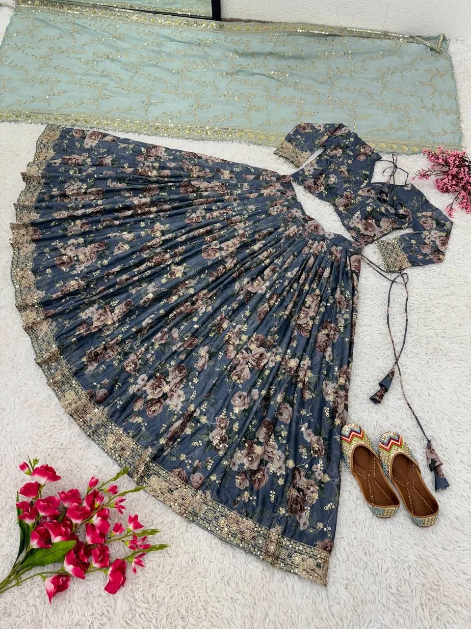DESIGNER CHINON SILK DIGITAL PRINT EMBROIDERY SEQUENCE WORK LEHENGA CHOLI DUPATTA GREY Pakistani Wedding Party Wear FATEMA