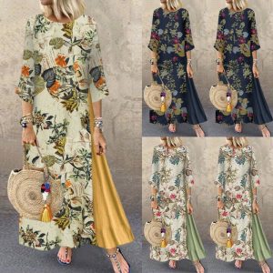 Women Cotton Linen Floral Maxi Dress Long Sleeve Casual Boho Kaftan Tunic Plus Size Sundress